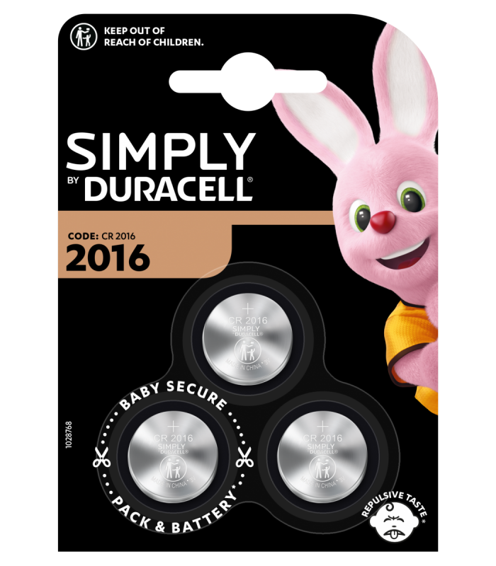 Duracell Simply CR2016 pile a bottone blister 3 pezzi