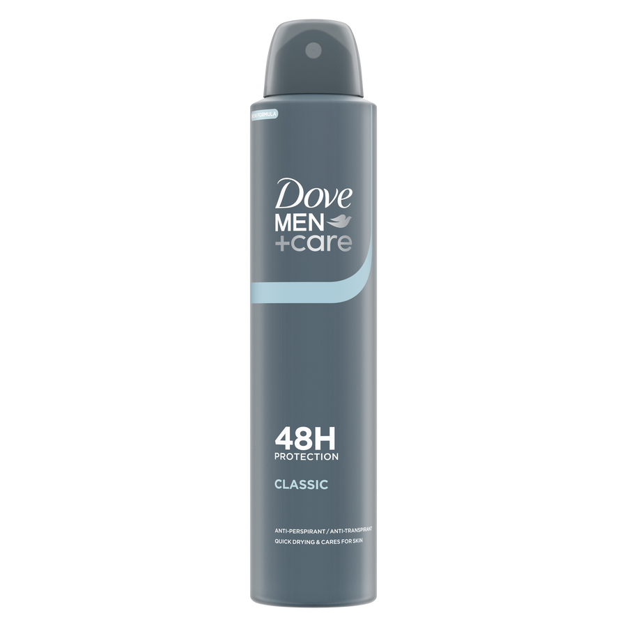 Spray Dove Men+Care Classic antitraspirante da 200 ml, cartone intero da 6 confezioni.