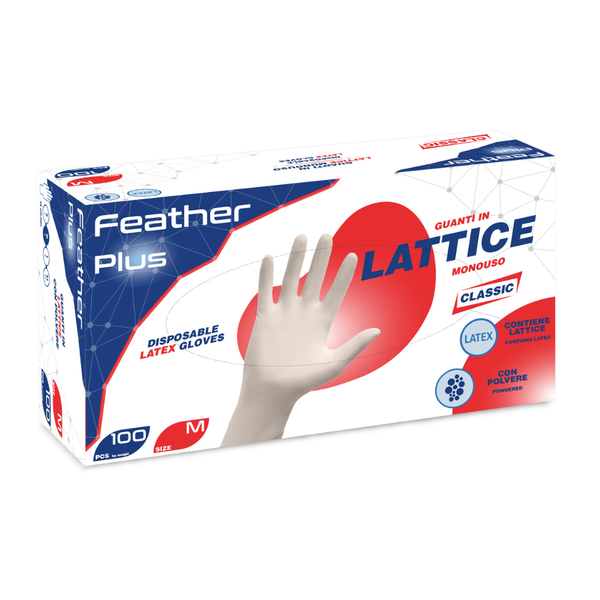 Guanti monouso in lattice con polvere 4.8g– Feather Plus | 10 Box da 100 pezzi