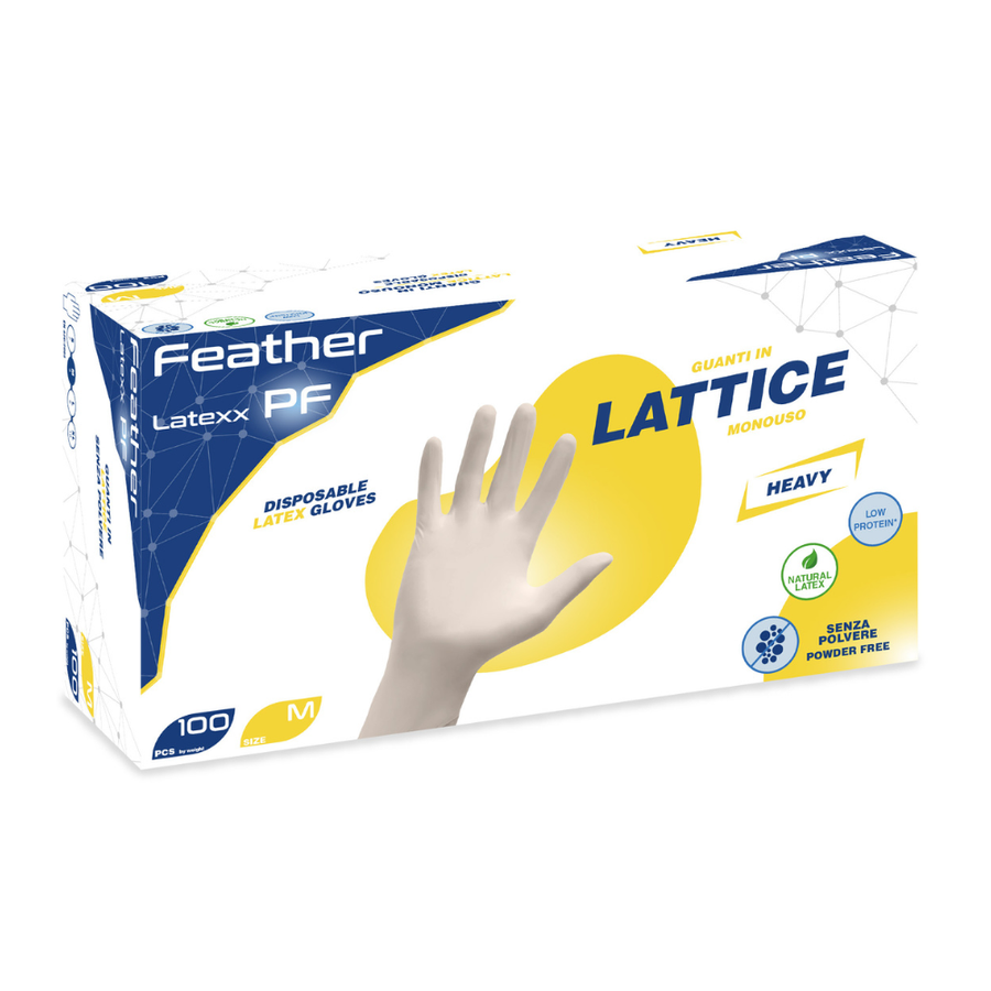 Guanti monouso in lattice senza polvere clorinato: Feather Latexx PF - 5,0 g | FPF | 10 box da 100 pezzi
