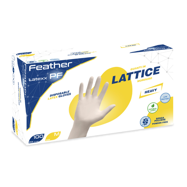 Guanti monouso in lattice senza polvere clorinato 5.0 g– Feather Latexx PF | 10 Box da 100 pezzi