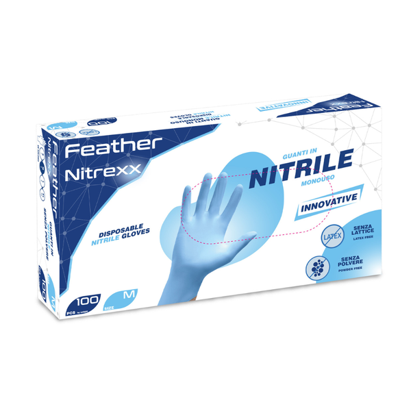Guanti monouso in nitrile polvere 2.8 g– Feather Nitrexx| 10 Box da 100 pezzi