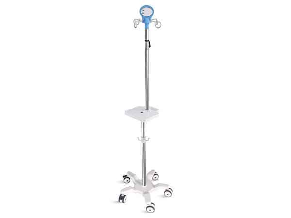 Piantana per Pompe Infusionali a 5 Ruote con Manico e Ripiano - Acciaio Inox - 4 Ganci - Portata 20 Kg