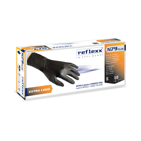 Guanti in nitrile nero X-Long 7.7 g | 50 pezzi – Reflexx N79P | Gef Medica