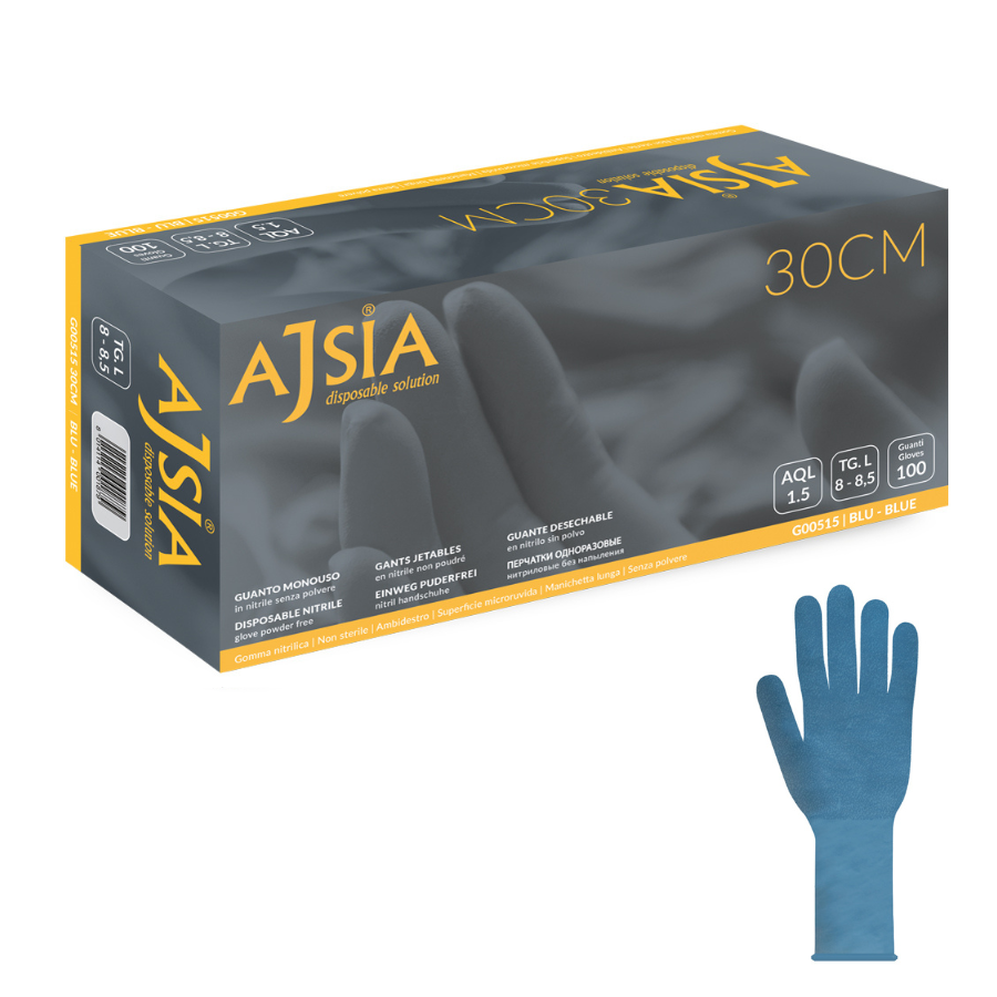 Guanti monouso in nitrile blu Ajsia 30 cm 5,9g lunghi per protezione estesa medicale e chimica