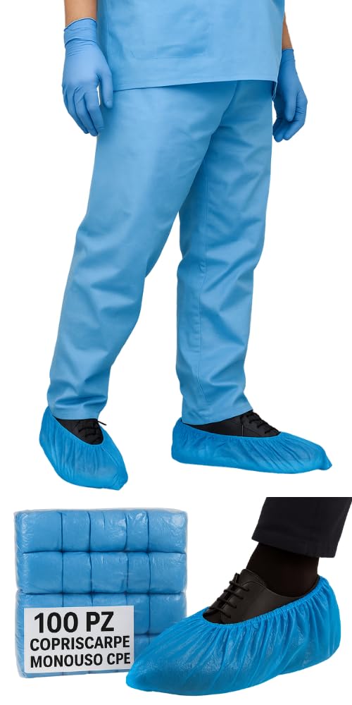 100 Copriscarpe Monouso CPE con Cucitura a Macchina – 50 Paia Impermeabili, Antiscivolo, Taglia Unica Fino al 48 – Per Ambienti Professionali