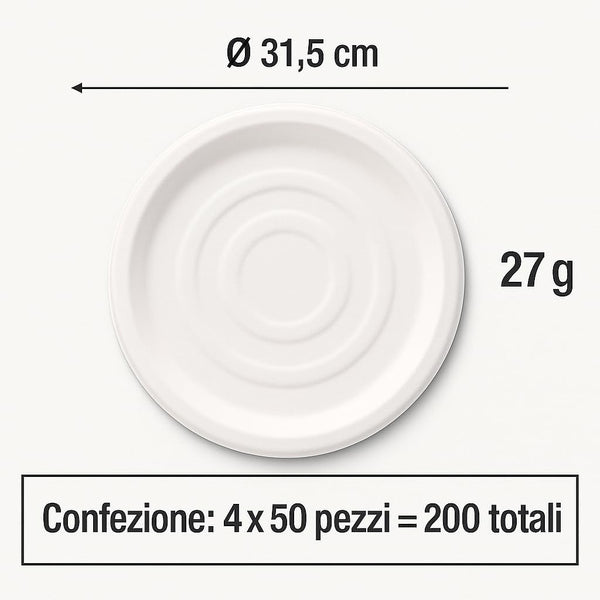 Piatti Pizza Compostabili Ї31,5 cm in Polpa di Canna Р PFAS Free, Resistenti, Biodegradabili Р 200 Pz (4x50) Р Gef Company