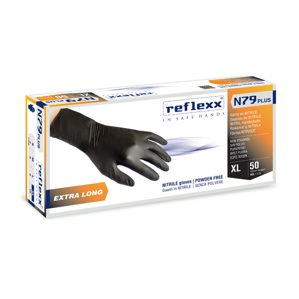 Guanti in nitrile nero x-long 7.7 g | 10 Box da 100 pezzi – Reflexx N79P | Gef Medica