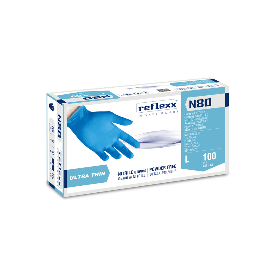 Guanti monouso in nitrile azzurro Reflexx N80B - 3,2g | 100 o 200 pezzi per box