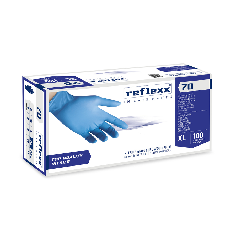 Guanti monouso in nitrile azzurro Reflexx 70 - 4,9 g - 10 box da 100 pezzi