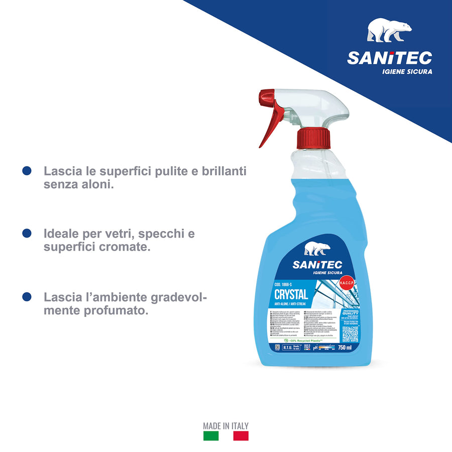 Crystal 1866-Sanitec - detergente multiuso per vetri e specchi anti-alone - 6 flaconi 750ml