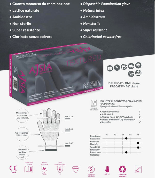 Guanti Monouso in Lattice Naturale – Senza Polvere, Ambidestri, Non Sterili – XS S M L – Box da 100 pz o Cartone da 1000 pz