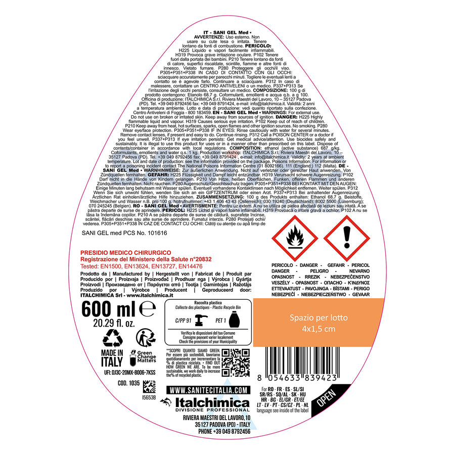 Sani Gel Med 1035 SANITEC PMC — Gel Disinfettante Mani 6×600 ml | GEF Medica
