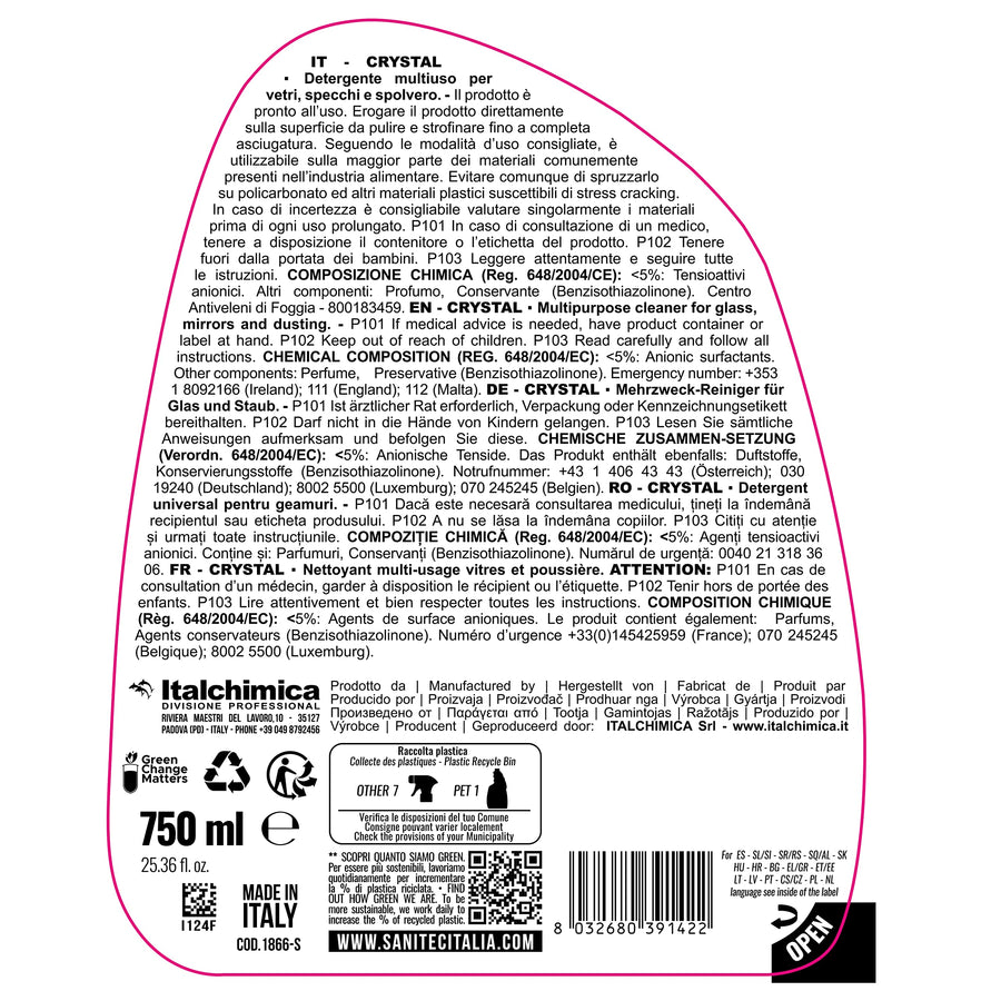 Crystal 1866-Sanitec - detergente multiuso per vetri e specchi anti-alone - 6 flaconi 750ml