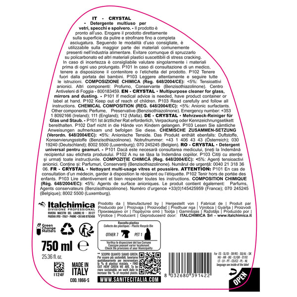 Crystal 1866-S SANITEC - Detergente Multiuso per Vetri e Specchi Anti-Alone - 6 Flaconi 750ml