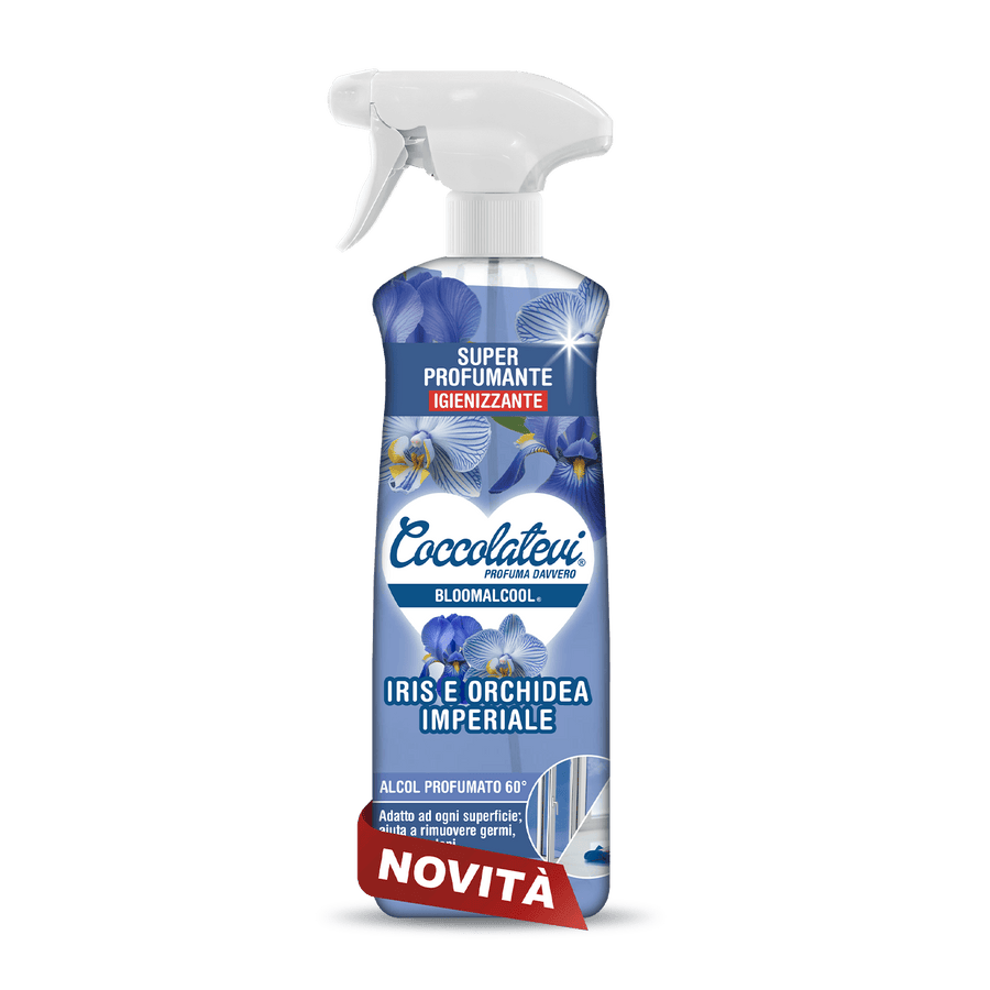 Spray Coccolatevi Bloomalcool Iris e Orchidea da 750 ml, cartone intero da 9 confezioni.