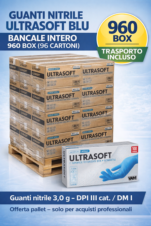 Guanti Nitrile ULTRASOFT Blu 3,0g - Pallet 960 Box - DPI III Cat. / DM Classe I - Trasporto Incluso