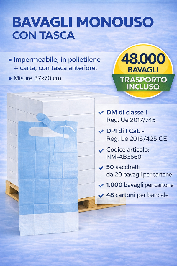 Bavagli Monouso Impermeabili con Tasca 37x70cm - DM Classe I - BANCALE 48.000 pz