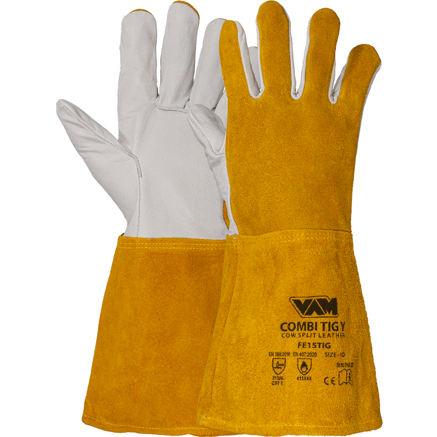 Guanti saldatura TIG pelle combinata VAM Combi TIG - giallo/bianco/blu - cartone 60 paia