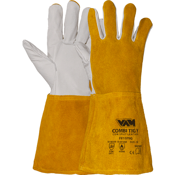 Guanti Saldatura TIG Pelle Combinata VAM Combi TIG - Giallo/Bianco/Blu - Cartone 60 Paia
