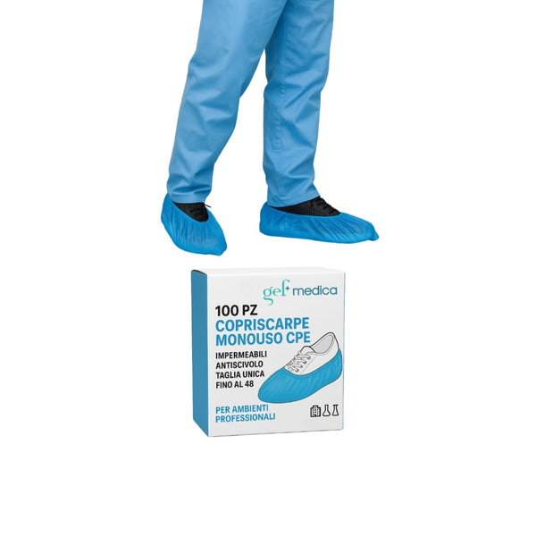 100 Copriscarpe Monouso CPE con Cucitura a Macchina – 50 Paia Impermeabili, Antiscivolo, Taglia Unica Fino al 48 – Per Ambienti Professionali
