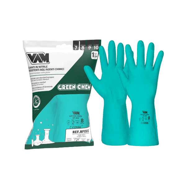 Guanti Nitrile Chimici VAM Green Chem NM-NF1513 - Floccati 330mm - Cartone 144 Paia