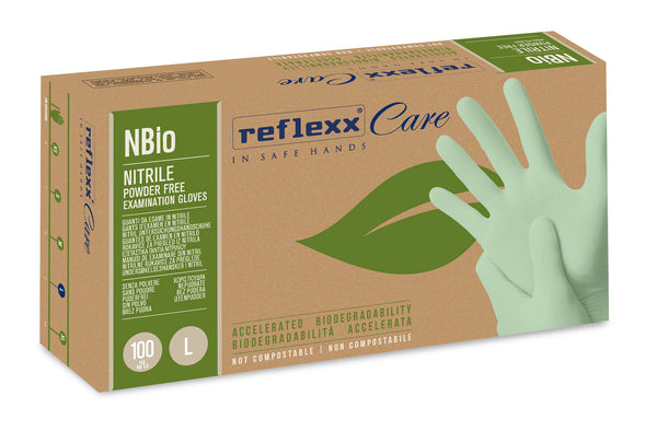 Guanti monouso in nitrile biodegradabile: Reflexx Care NBio - 3,5 g | NBio | 10 box da 100 pezzi