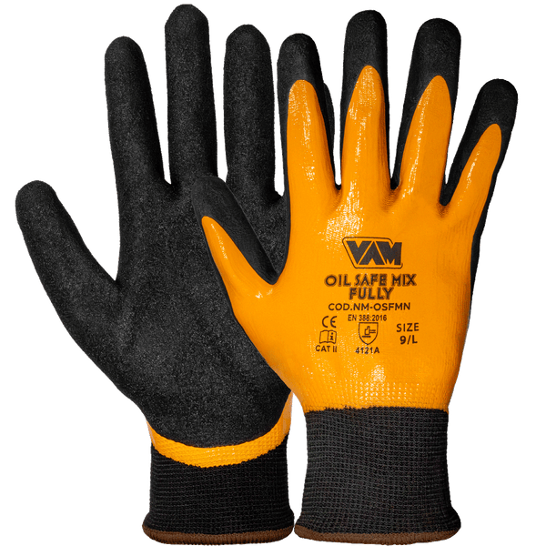 Guanti Poliestere Doppia Spalmatura Nitrile VAM Oil Safe Mix Fully NM-OSFMN - Arancione/Nero 240mm - Cartone 60 Paia
