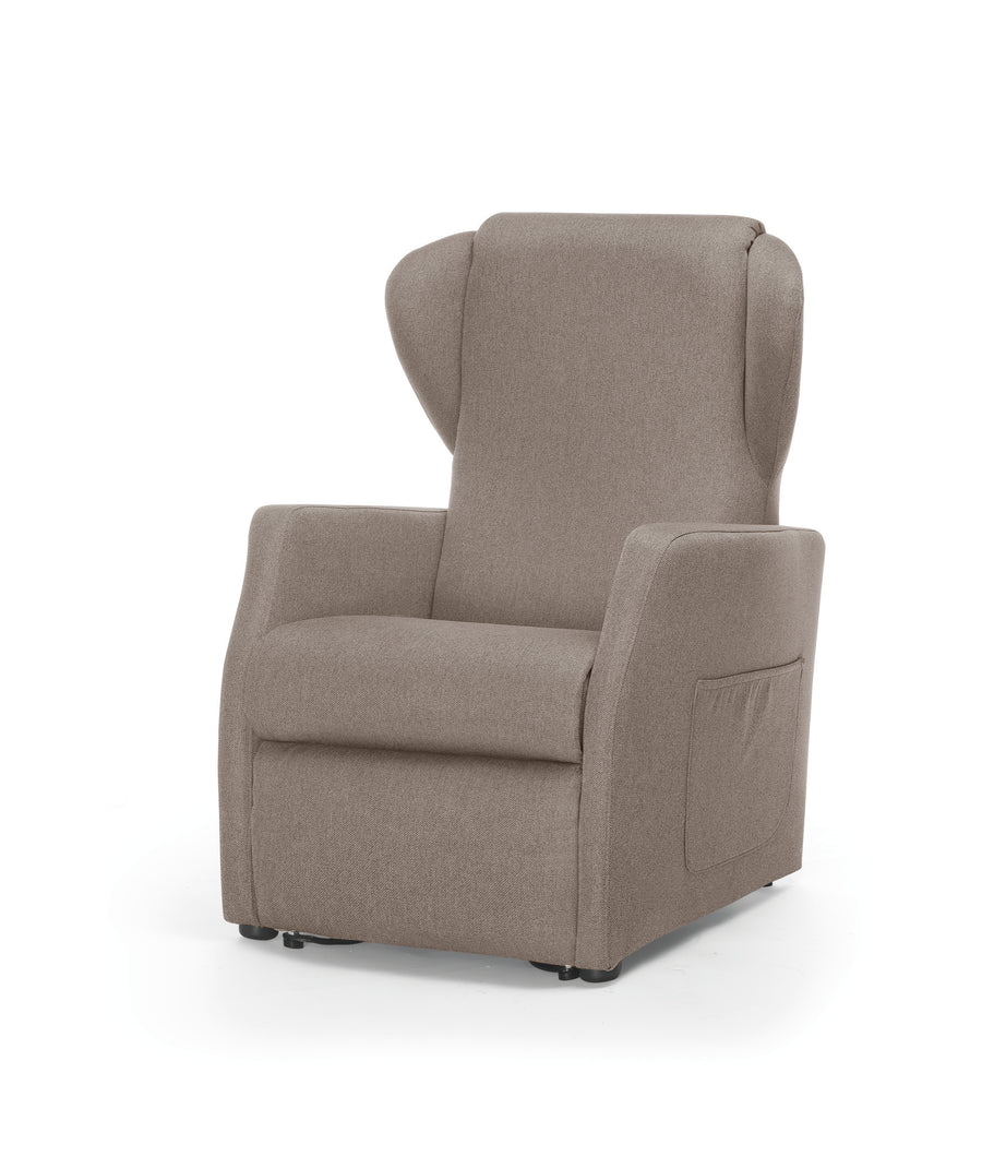 Poltrona relax elevabile con roller, colore tortora, vista laterale