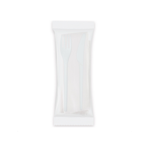 Kit Posate Compostabili Bianche in Bustina - Forchetta, Coltello e Tovagliolo | CPLA | 500 Kit Monouso | Biodegradabili e Compostabili | GEF Company