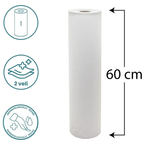Lenzuolino Medico WALL0250 - 2 Veli Pura Cellulosa - H60 cm x 50 m - 135 Strappi - 6 Rotoli Lettino