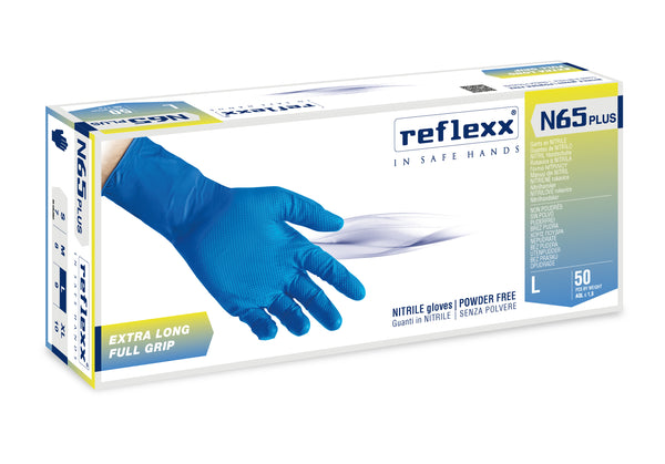 Guanti monouso in Nitrile X-Long Full Grip: Reflexx N65P Blue - 9,2 g | N65P | 10 Box da 50 pezzi
