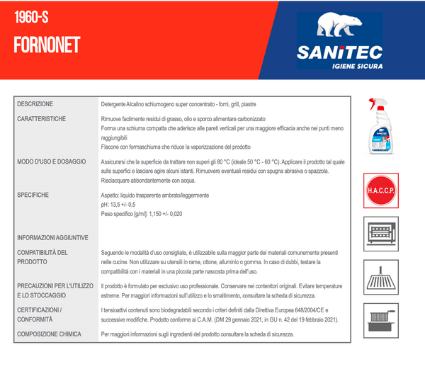 Sanitec 1960-S Fornonet - Detergente Alcalino Schiumogeno Forni Grill Piastre - Cartone 6 Flaconi da 750ml (4,5L Totali)