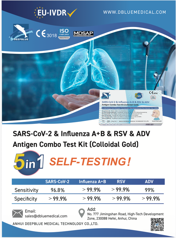 Test rapido DeepBlue 5-in-1 Multiplex Respiratory self test - kit da 10 a 20 test (Covid-19, Influenza A+B, RSV, ADV)