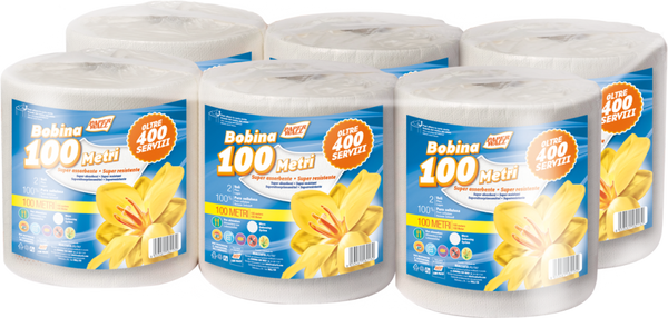 Bobina Professionale WALL159 - 2 Veli Pura Cellulosa - 100 m - 416 Strappi - Uso Alimentare - 6 Rotoli