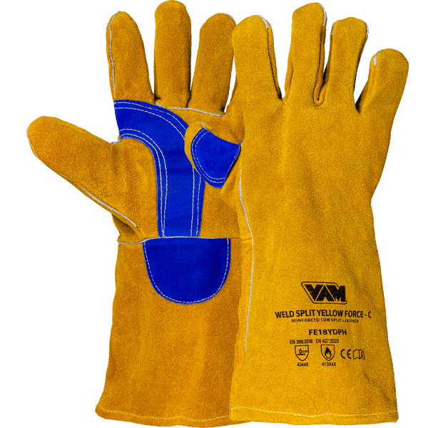 Guanti Saldatura Pelle Crosta Bovina VAM Weld Split Yellow Force-C FE18YDPH - Giallo/Blu - Cartone 60 Paia