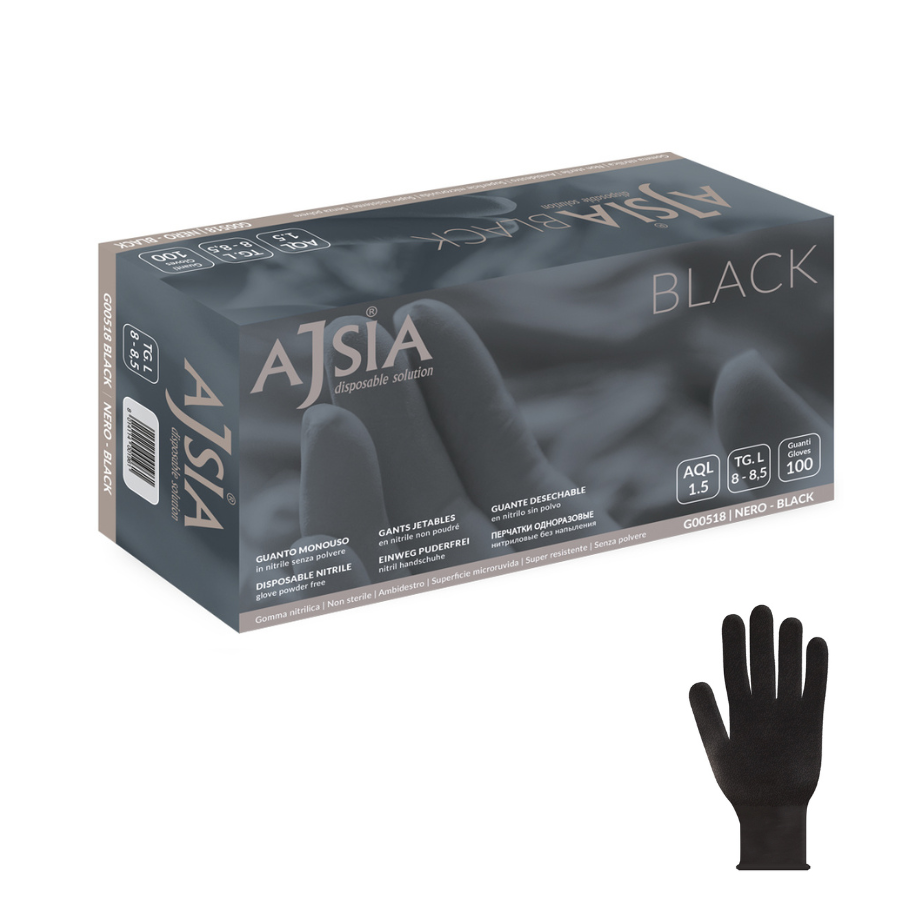 Guanti monouso in nitrile nero Ajsia Black 5,5g per tatuaggi, estetica e parrucchieri