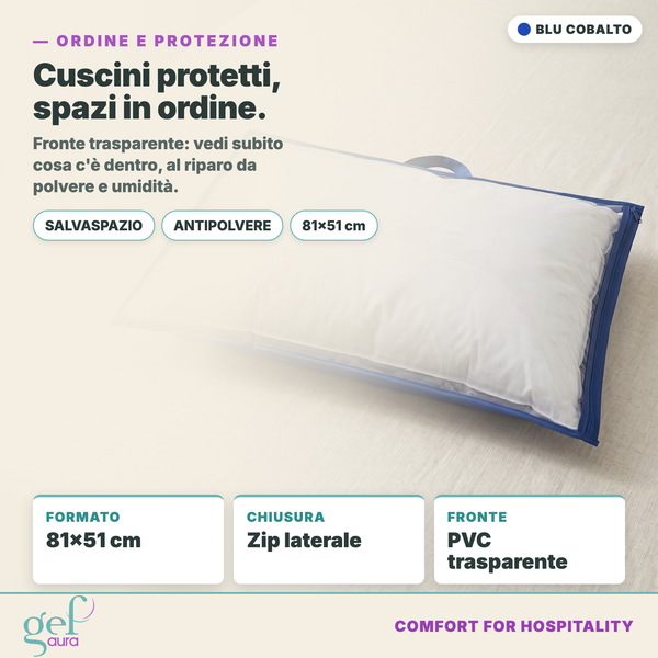 Custodia porta cuscino blu cobalto 81x51 cm con asciugamani in scaffale hotel