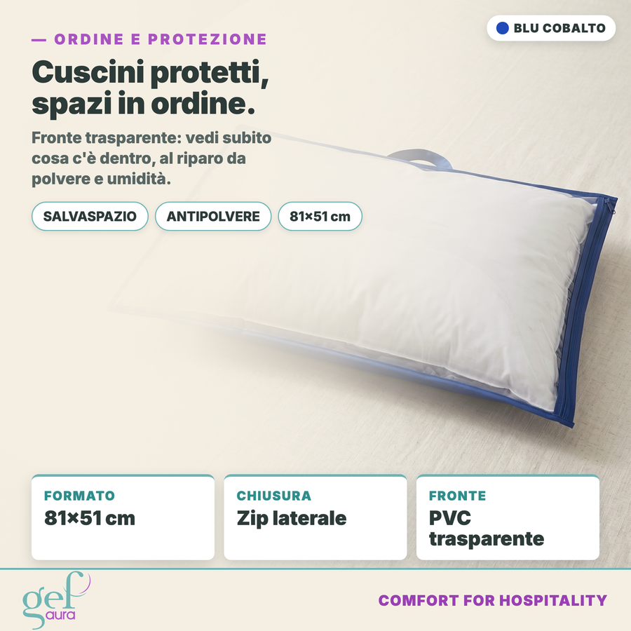 Custodia porta cuscino blu cobalto 81x51 cm con asciugamani in scaffale hotel