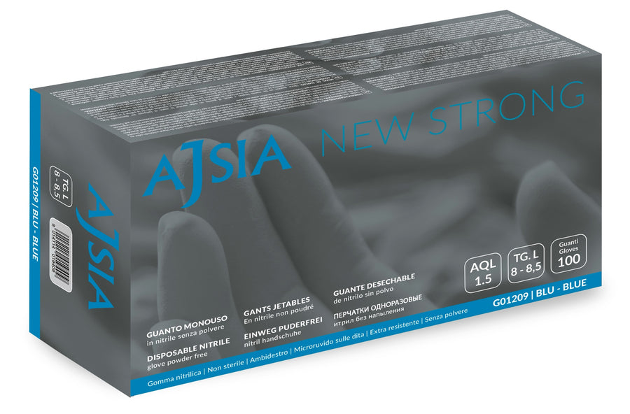 Guanti monouso nitrile azzurri Ajsia New Strong 6,8g alto spessore, box da 100