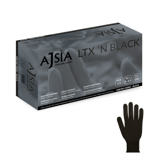 Guanti monouso lattice nero Ajsia Ltx N Black 7g testurizzati per tatuaggi, estetica e parrucchieri