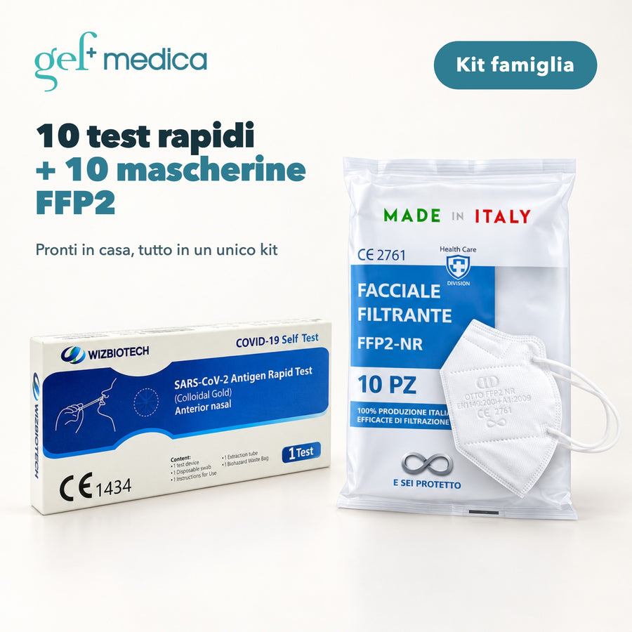 Kit 10 test antigenici COVID-19 + 10 mascherine FFP2 bianche