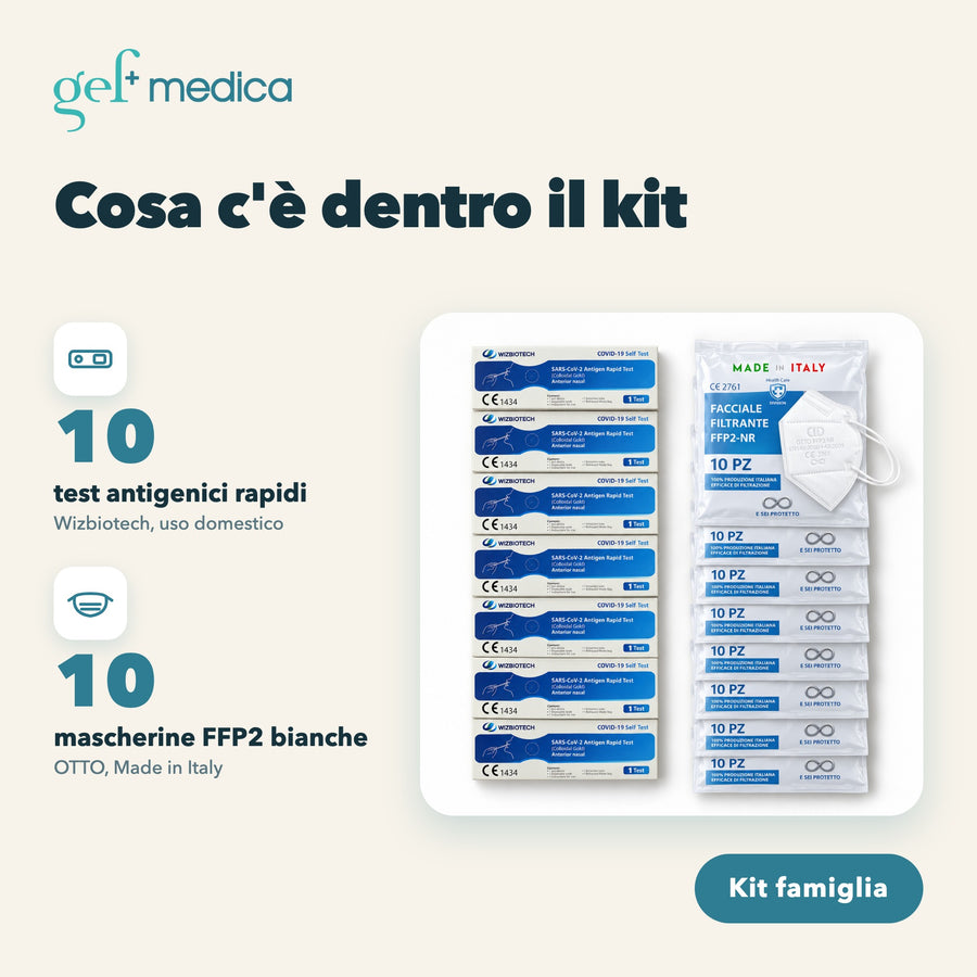 Kit 10 test antigenici COVID-19 + 10 mascherine FFP2 bianche: contenuto della confezione