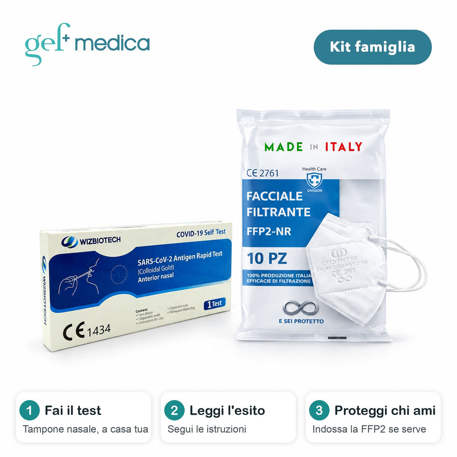 Kit 10 test antigenici COVID-19 + 10 mascherine FFP2 bianche, vista in studio