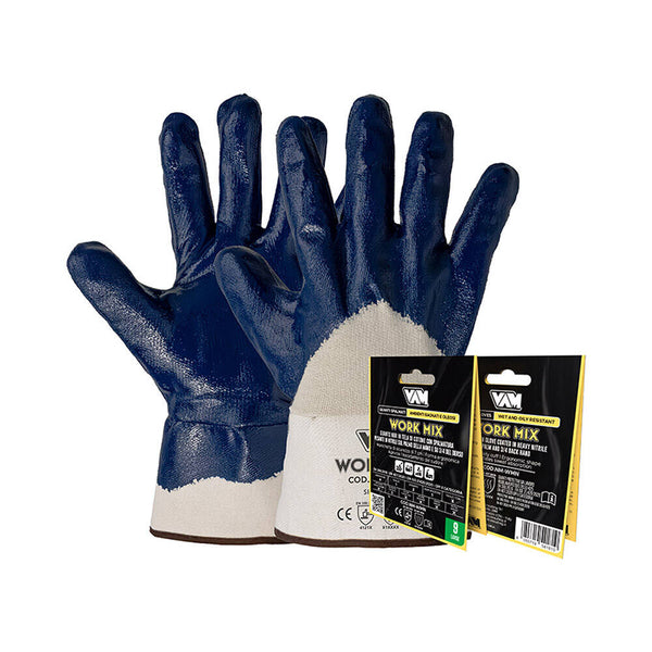Guanti Cotone Spalmati NBR VAM Work Mix NM-WMN - Blu/Bianco 240mm Manichetta 7cm - Cartone 120 Paia
