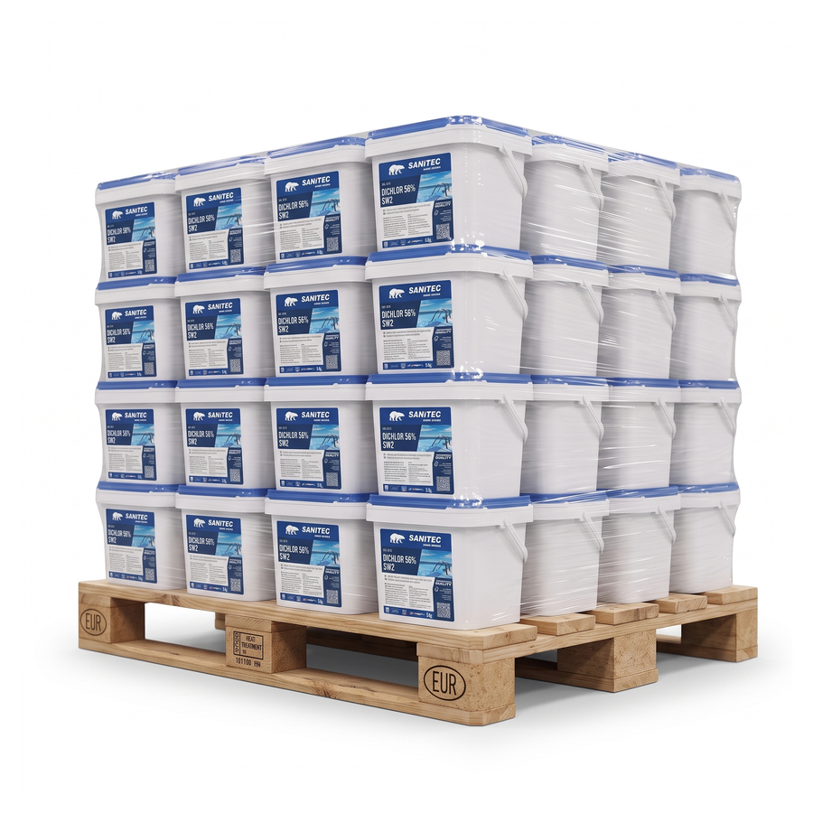 Sanitec SW Dichlor 56% - pallet secchi da 5 kg dicloro granulare per piscine, sfondo bianco ecommerce