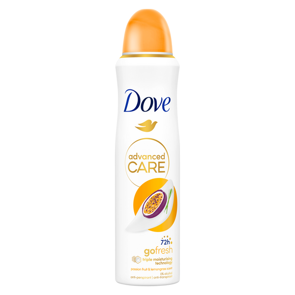 Spray Dove Advanced Care Passion Fruit da 150 ml, cartone intero da 6 confezioni.