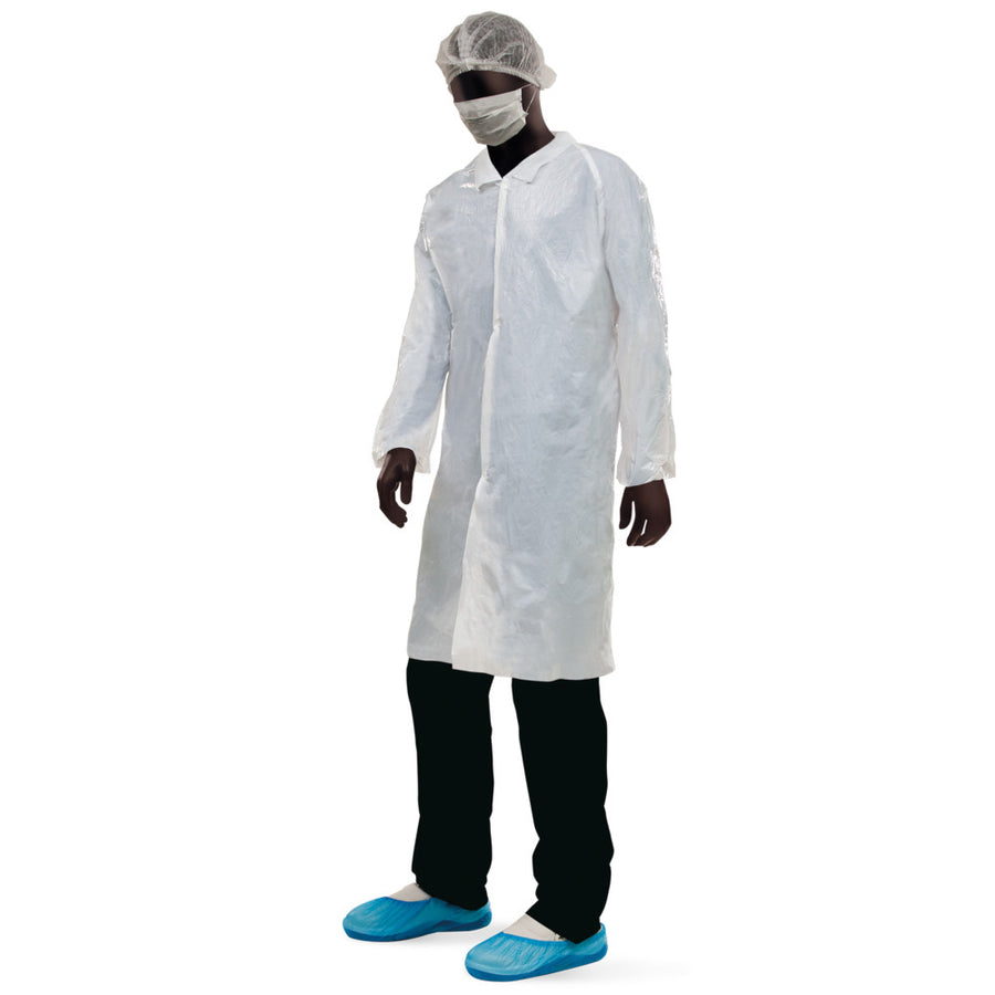Kit LDPE visitatore monouso Ajsia 14062 - camice + cuffia + mascherina + copriscarpe - bianco - cartone 100 pz