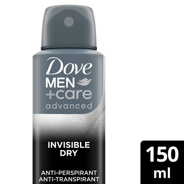Spray Dove Men+Care Advanced Invisible Dry da 150 ml, cartone intero da 6 confezioni.