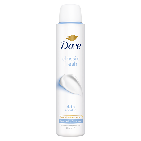 Spray Dove Classic antitraspirante da 200 ml, cartone intero da 6 confezioni.